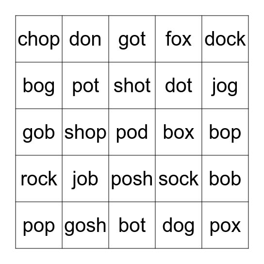 Short o Bingo Card