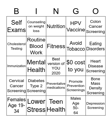 Preventative Care   Bingo Card