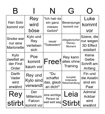 Star Wars The Rise Of Skywalker Bingo Card