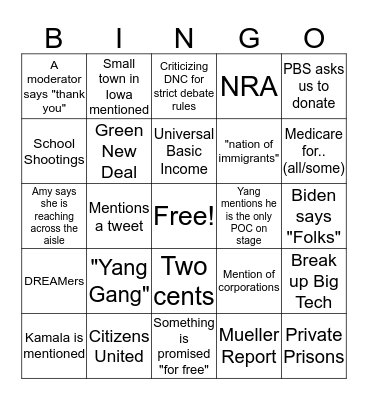 Debate Bingo Card