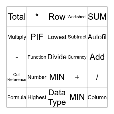 Spreadsheet Bingo Card