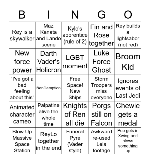 Rise of Skywalker Bingo Card