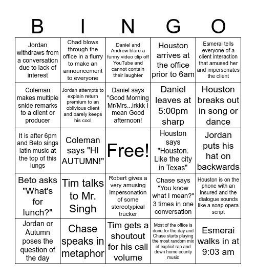 North Side Sales Crew BINGO Card