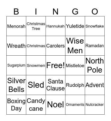 Winter Holiday Terms Bingo Card