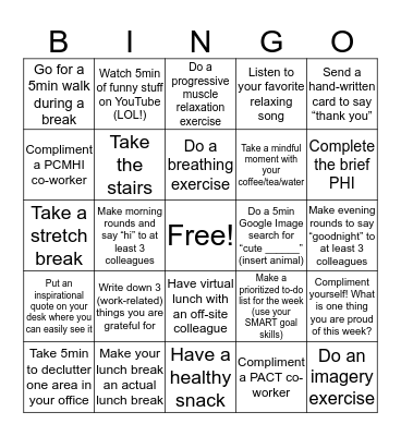 PCMHI SELF-CARE BINGO Card
