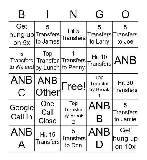 Transfer Bingo Card