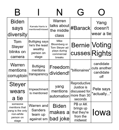 december democratic debatez Bingo Card