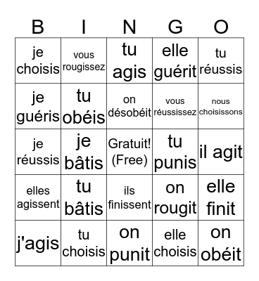 LE PRÉSENT: Regular -ir verbs Bingo Card
