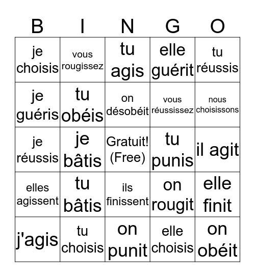 LE PRÉSENT: Regular -ir verbs Bingo Card