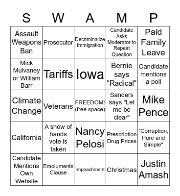 December Democratic Debate Bingo Card
