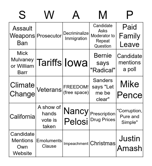December Democratic Debate Bingo Card