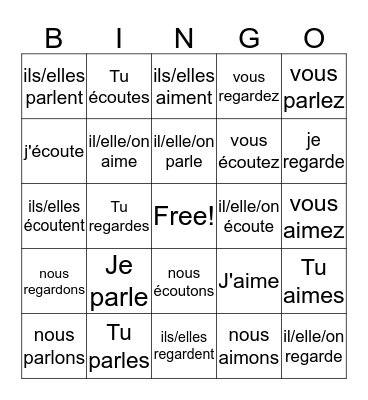 Le PRÉSENT: -ER Verbs Bingo Card