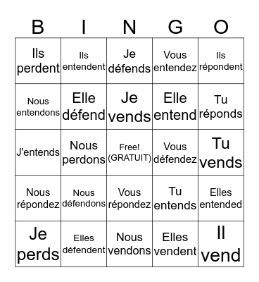 Le PRÉSENT: -re verbs Bingo Card