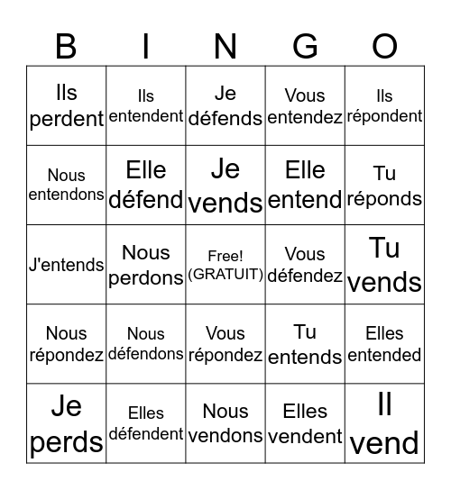 Le PRÉSENT: -re verbs Bingo Card