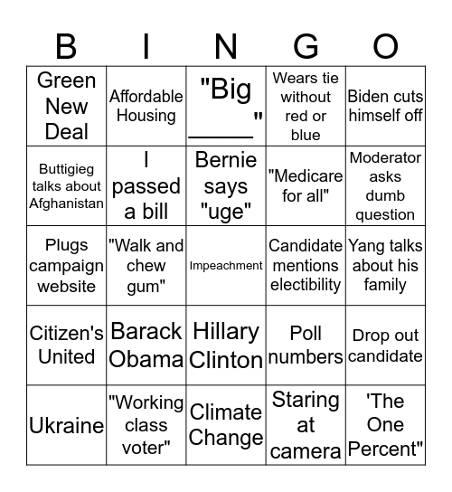 Democratic Debate Bingo Card