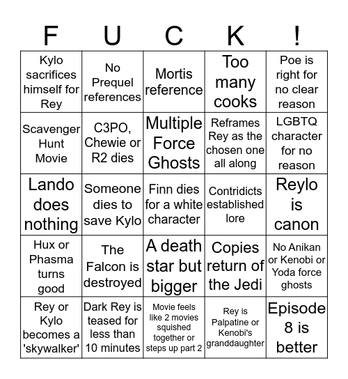 Star Wars Episode 9 Bingo Card