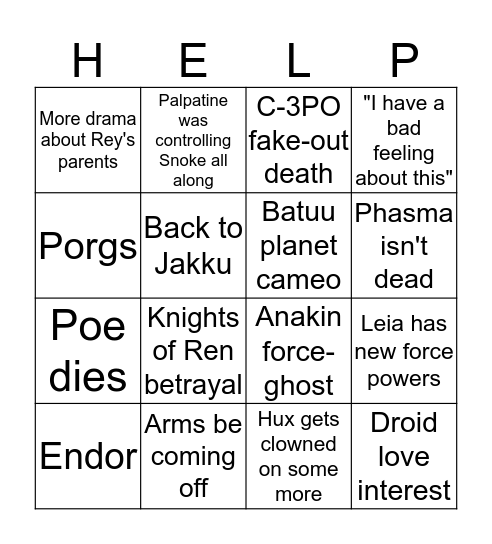 Rise of Skywalker prediction Bingo Card