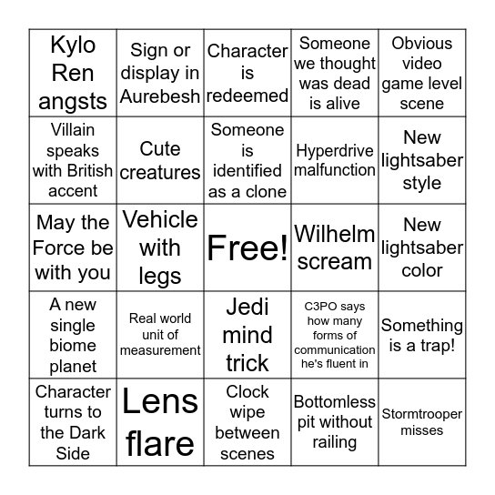 Rise of Skywalker Bingo Card