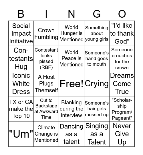 Miss America BINGO Card