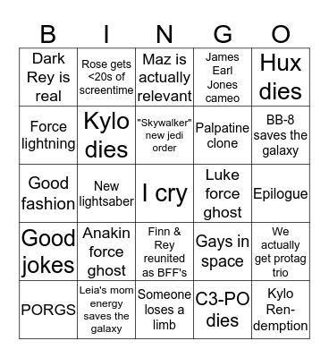 Star Wars Movie Good Bingo Card