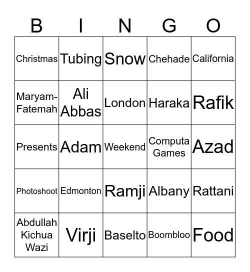 Family Game Night  Bingo Card