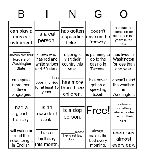 ~ MEET YOUR CLASSMATES ~ Bingo Card