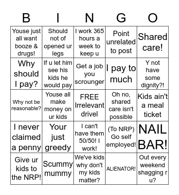 Non-resident parent bingo Card