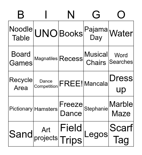 School Age #1 Bingo Card