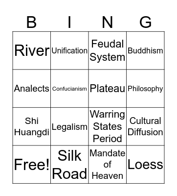 China Vocabulary Bingo Card