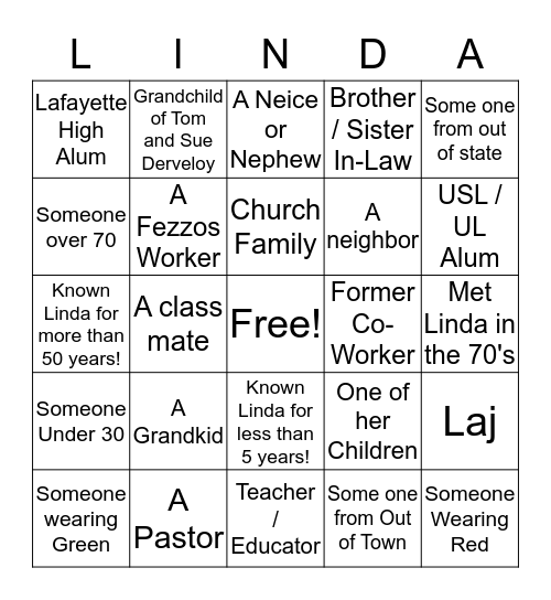 Linda's 70th Birthday Bingo Card