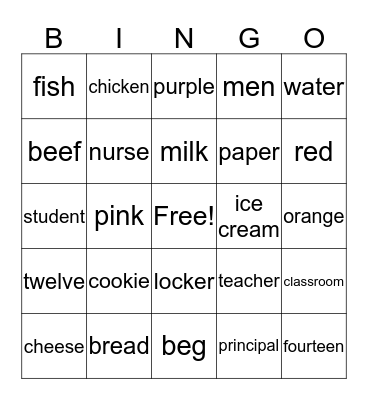 Vocab. Bingo Card