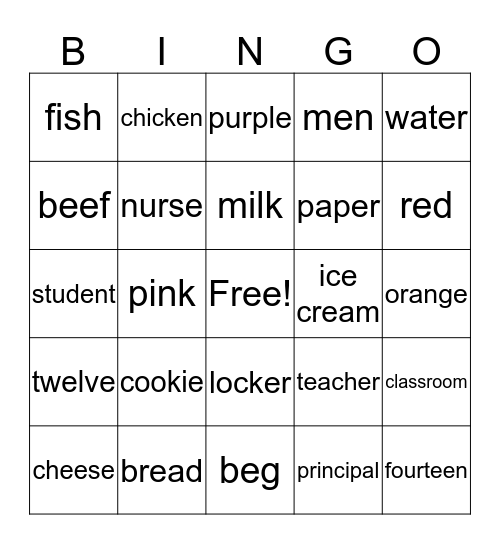 Vocab. Bingo Card