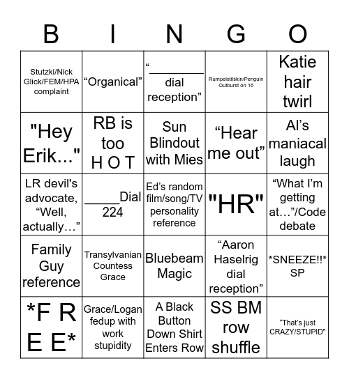 A Day in Row 2 Bingo Card