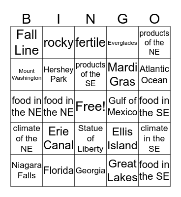 Northeast and Southeast Bingo Card