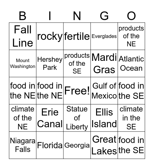 Northeast and Southeast Bingo Card