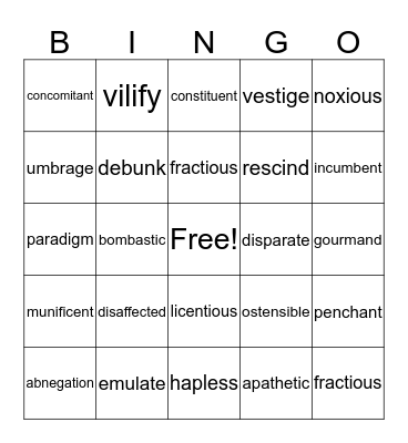 VOCABULARY BINGO Card