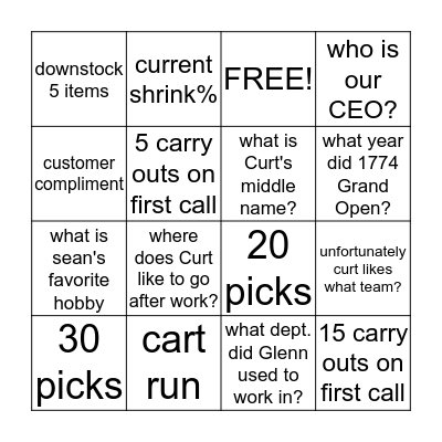 Warehouse Bingo Card