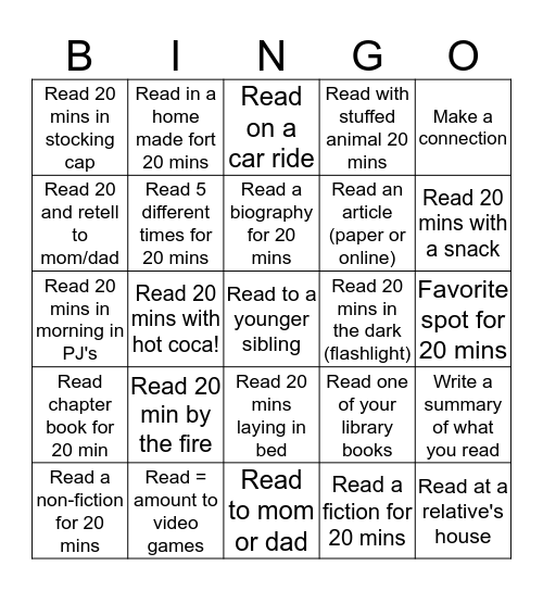 Holiday Break Reading BINGO!! Bingo Card