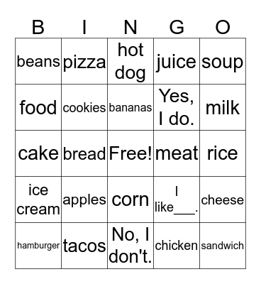 Food Bingo Card