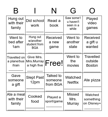 Back from Break BINGO  Bingo Card
