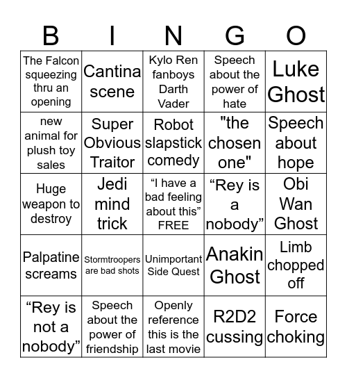 Star Wars Cliche Bingo Card