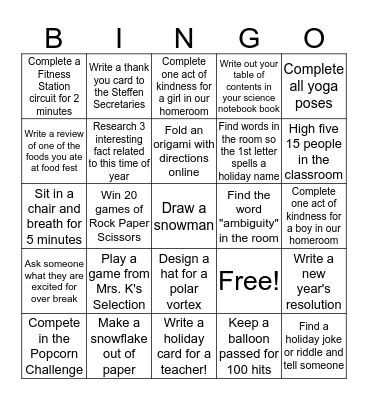 Last Day Before Break Bingo Card