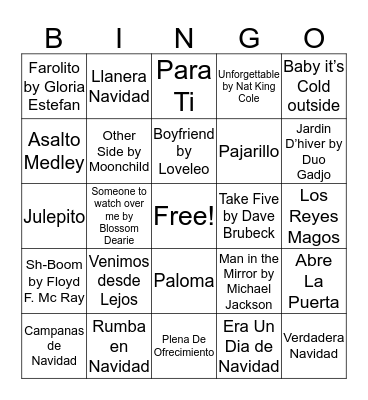 Songs Bingo Card