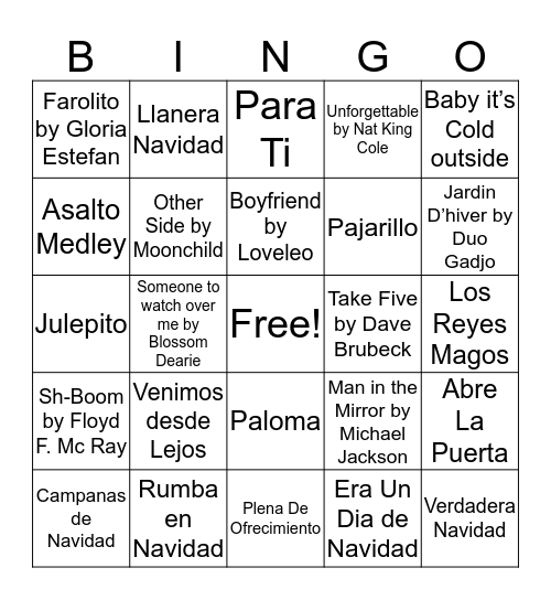 Songs Bingo Card