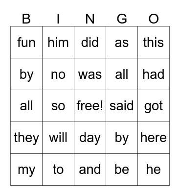 Sight Word Bingo: yellow-red Bingo Card