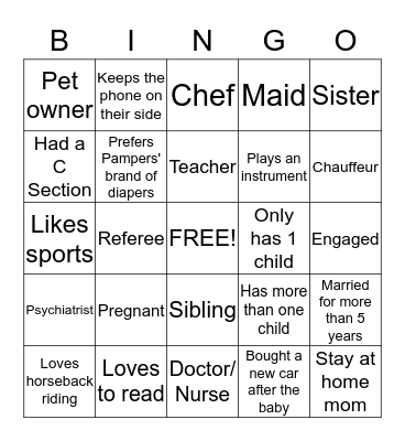 Being a Mother: Does it apply to someone you see? Think creatively!!! Bingo Card