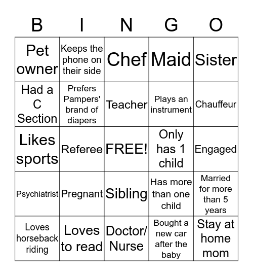 Being a Mother: Does it apply to someone you see? Think creatively!!! Bingo Card