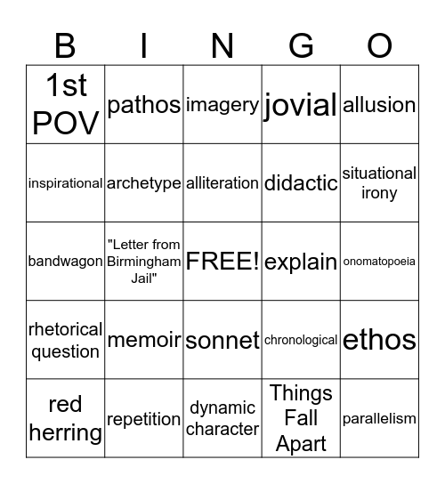 10th Literature REVIEW Bingo Card