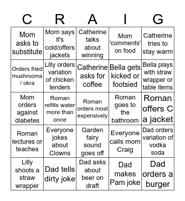Family Dinner Bingo Card