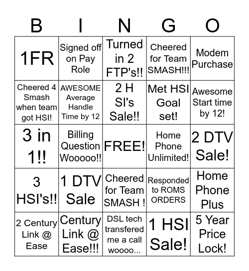 TEAM SMASH BINGO! Bingo Card